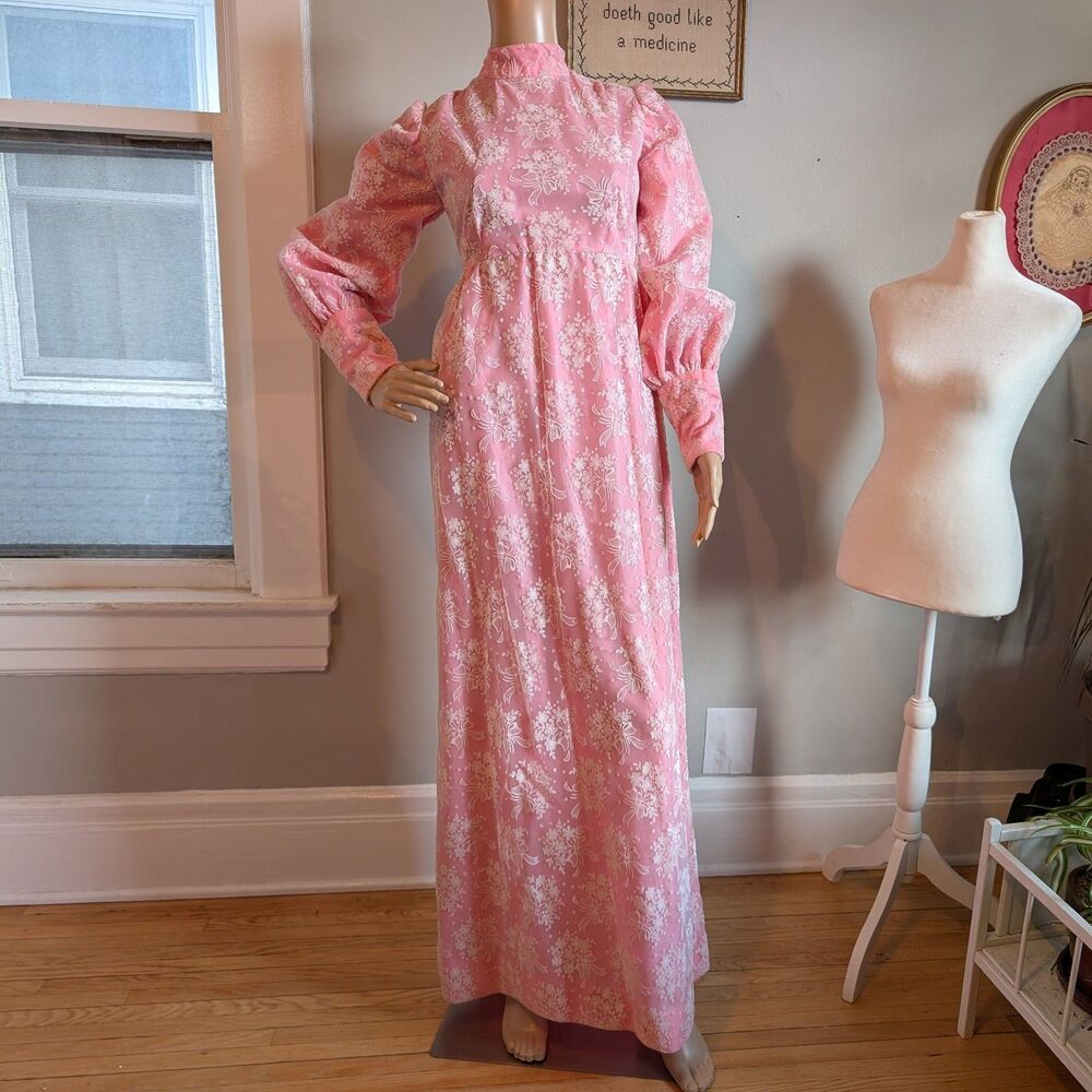 Vintage 60s 70s Prairie Dress Prom Gown Hippie Coquette Floral Velvet Small
